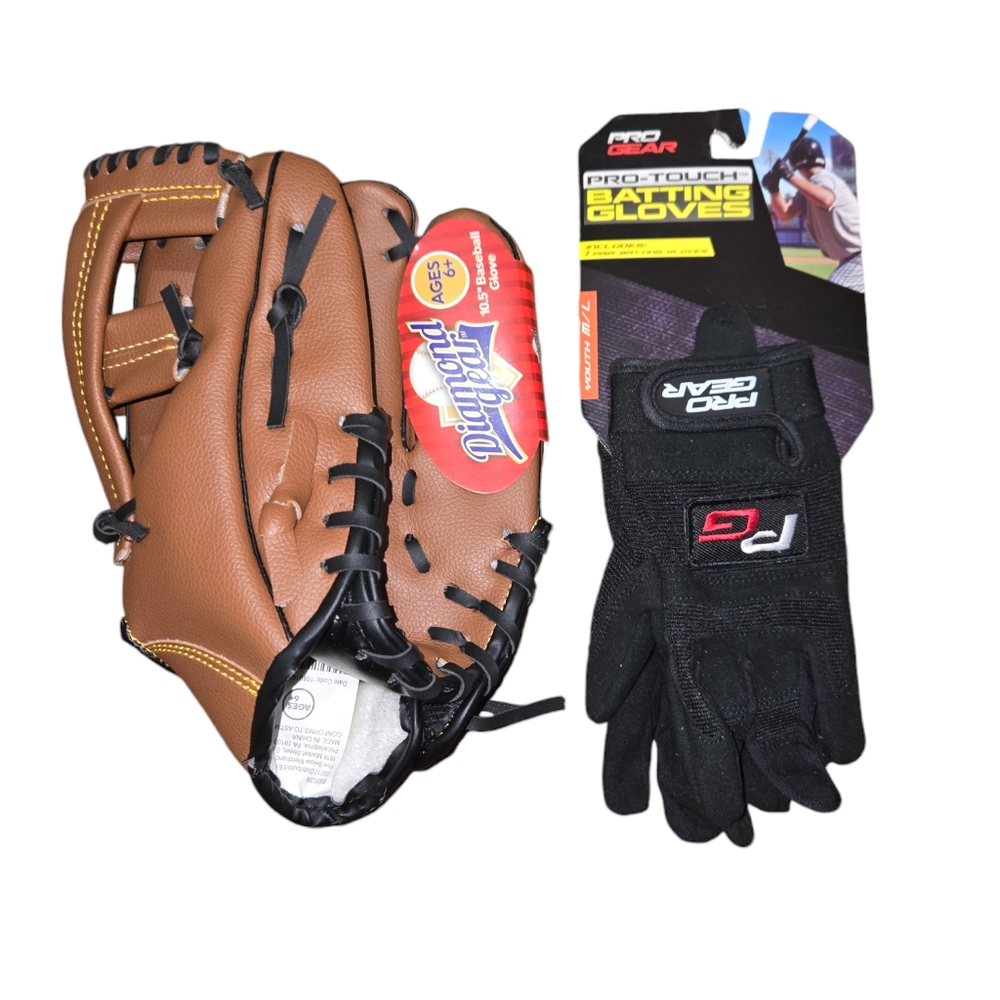 Baseball Glove, Plastic Bat and Ball, and‎ Batting Gloves